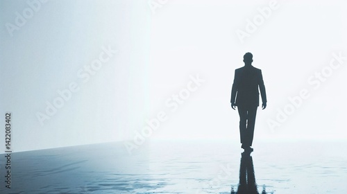 Silhouette of a businessman walking towards a bright horizon on a reflective surface, symbolizing ambition