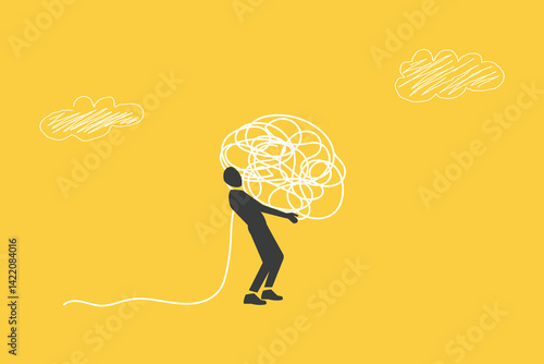 Businessman carrying heavy messy line on his back. concept of Stress burden, anxiety from work difficulty and overload, problem in economic crisis or pressure from too much responsibility