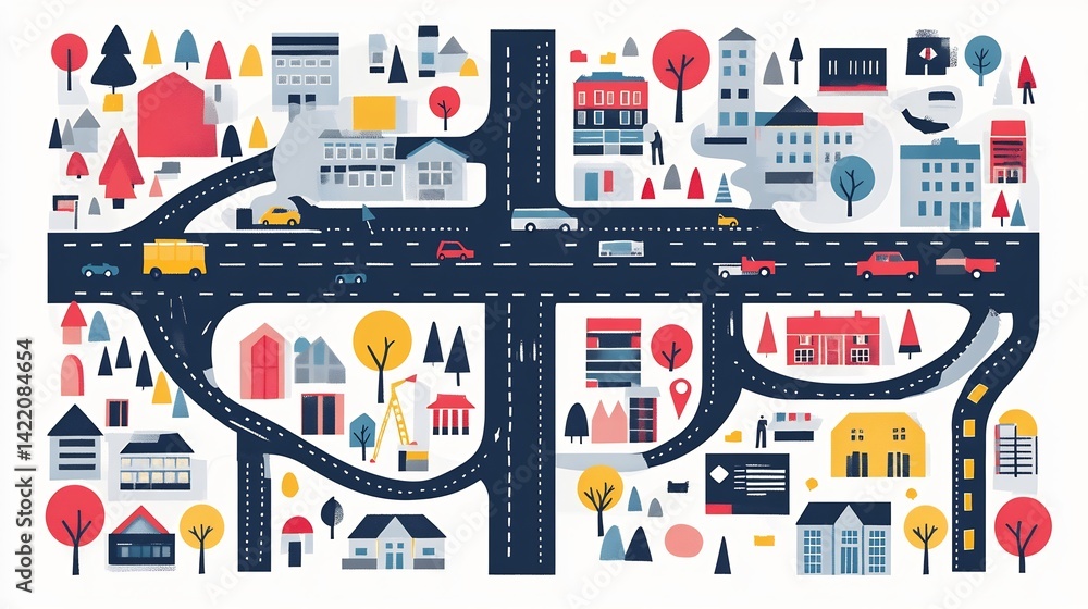Flat vector illustration of municipal infrastructure project with road construction icons public hearings and budget allocation charts Flat vector illustration of municipal infrastructure project with road construction icons public hearings and budget allocation charts