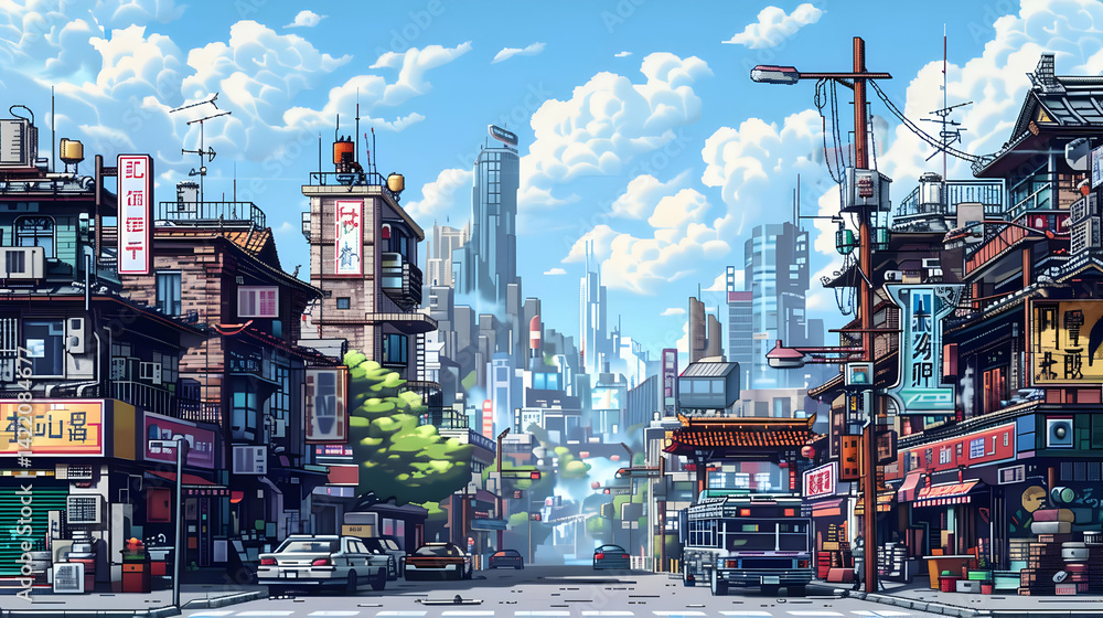 Fototapeta premium Vibrant Pixel Art Cityscape: Contrasting Old and New Architecture Under a Sunny Sky