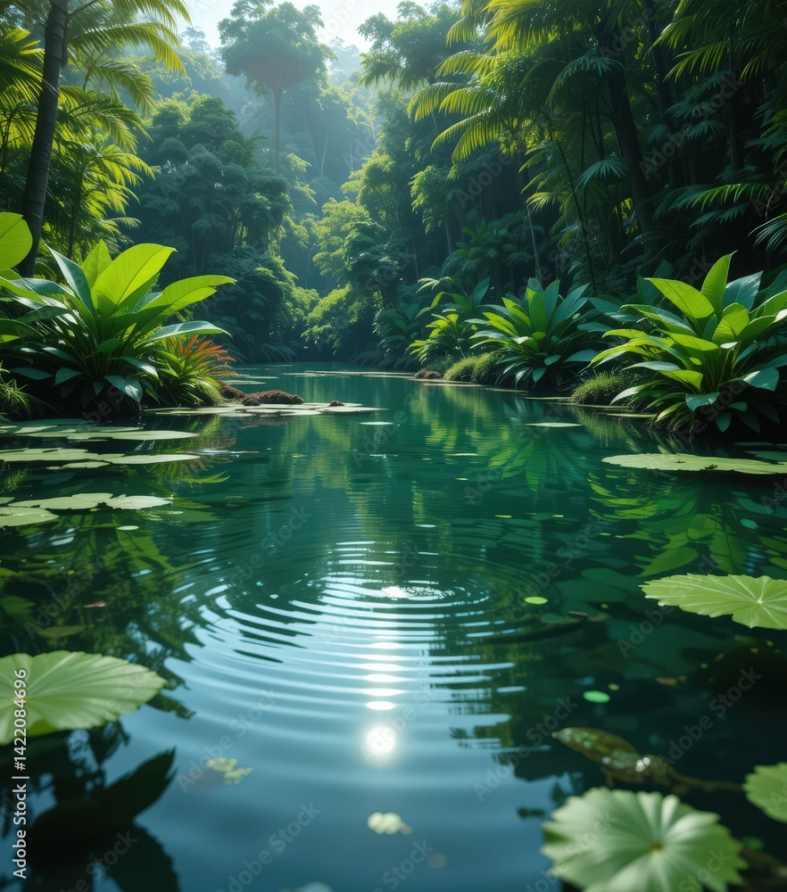 A serene pond adorned with vibrant water lilies in various shades of pink and white, surrounded by lush green palm trees swaying gently in the breeze under a clear blue sky. A serene pond adorned with vibrant water lilies in various shades of pink and white, surrounded by lush green palm trees swaying gently in the breeze under a clear blue sky.
