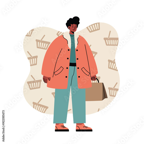 Young person standing with shopping bag wearing orange coat and teal pants with basket pattern background