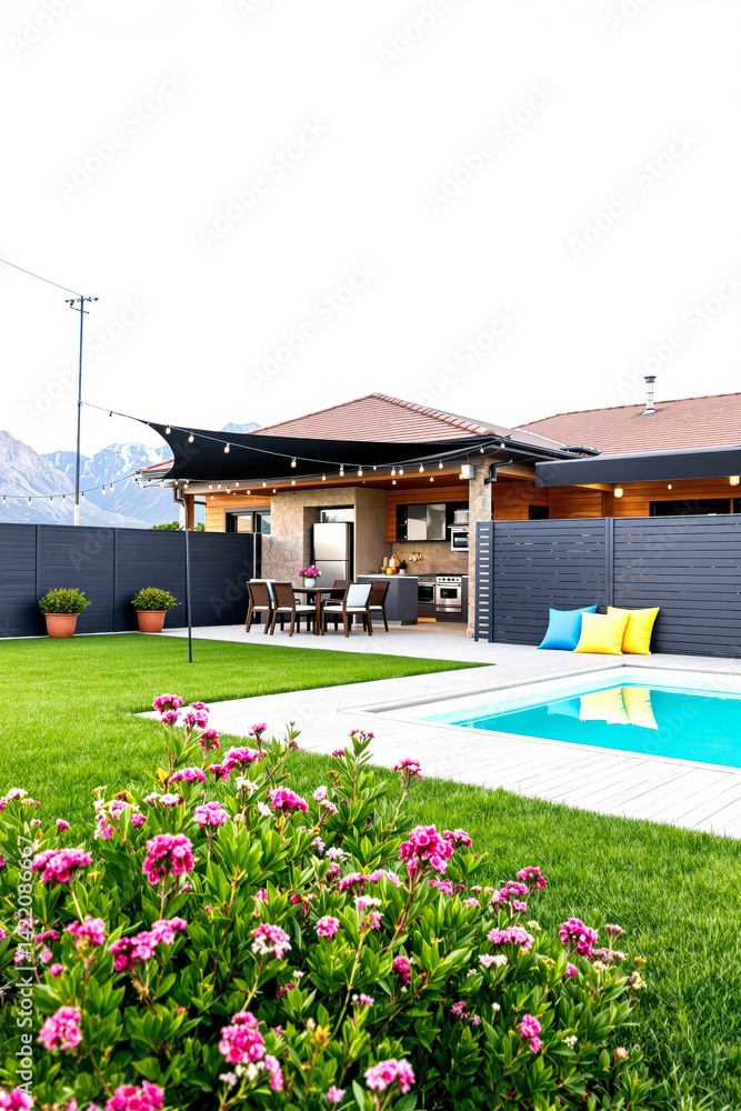 Fototapeta premium modern house with a swimming pool and a beautiful flower