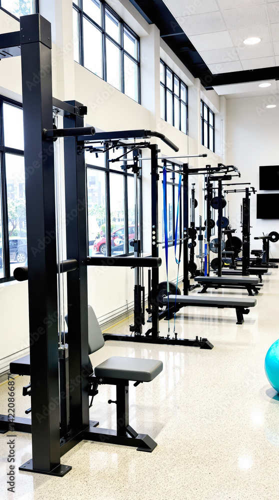 Fototapeta premium modern gym interior with rows of black weight training machines