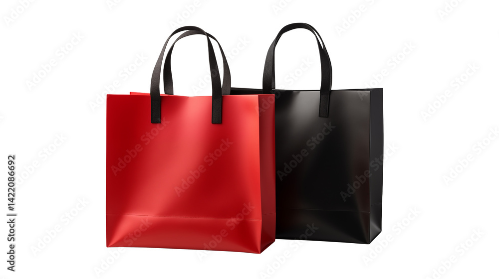 A red and a black shopping bag with black handles on a black background isolated on transparent background A red and a black shopping bag with black handles on a black background isolated on transparent background