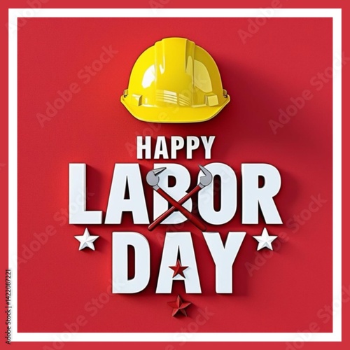 Bold Happy Labor Day Banner with Yellow Hard Hat and Abstract Worker Symbol