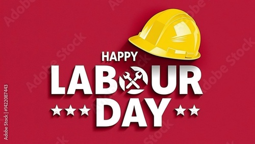 Festive Happy Labour Day Banner with Yellow Hard Hat and Red Background