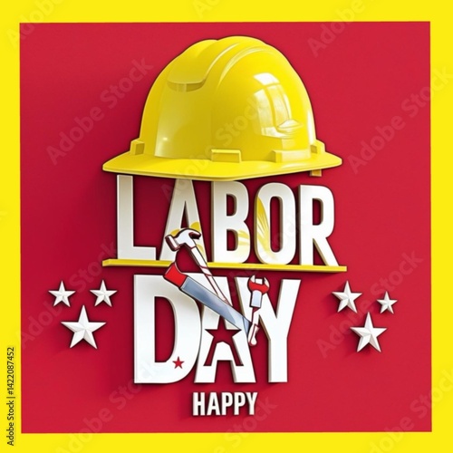 Dynamic Happy Labor Day Banner with Yellow Hard Hat and Worker Silhouette