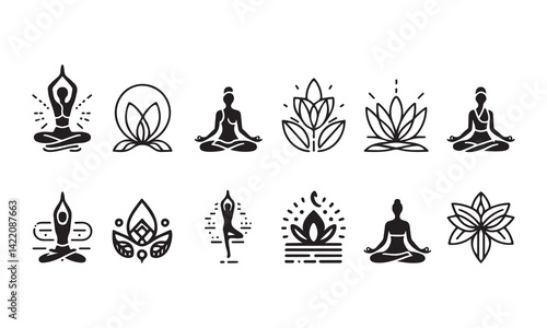 Yoga line art silhouette icon set vector art illustration, international yoga day 