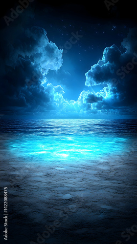 Dark Blue Night Ocean Beach Scene Under Starry Sky