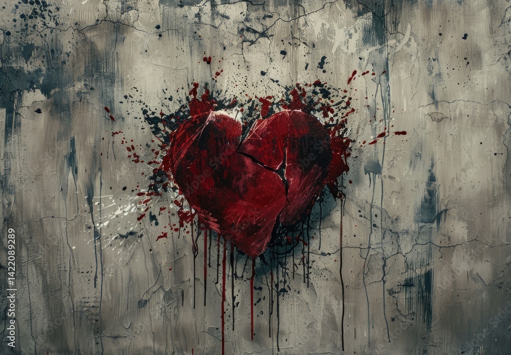 Fototapeta premium A red heart graffiti painted on a old concrete wall on the street. Valentines Day postcards concept