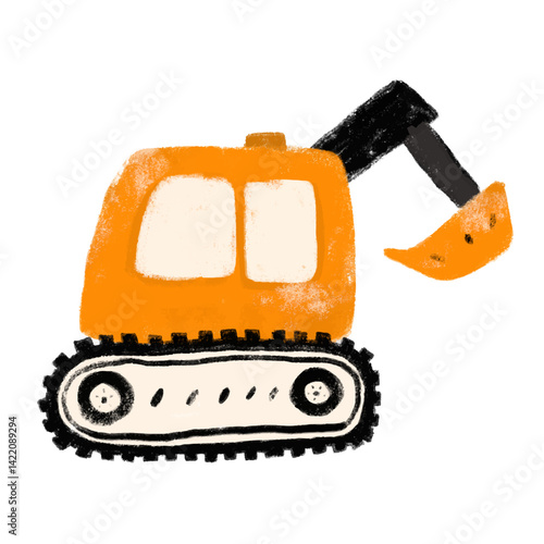 cute black orange excavator digger loader construction site vehicle doodle hand drawn kids crayon watercolour illustration icon design outline drawing transportation clipart sticker