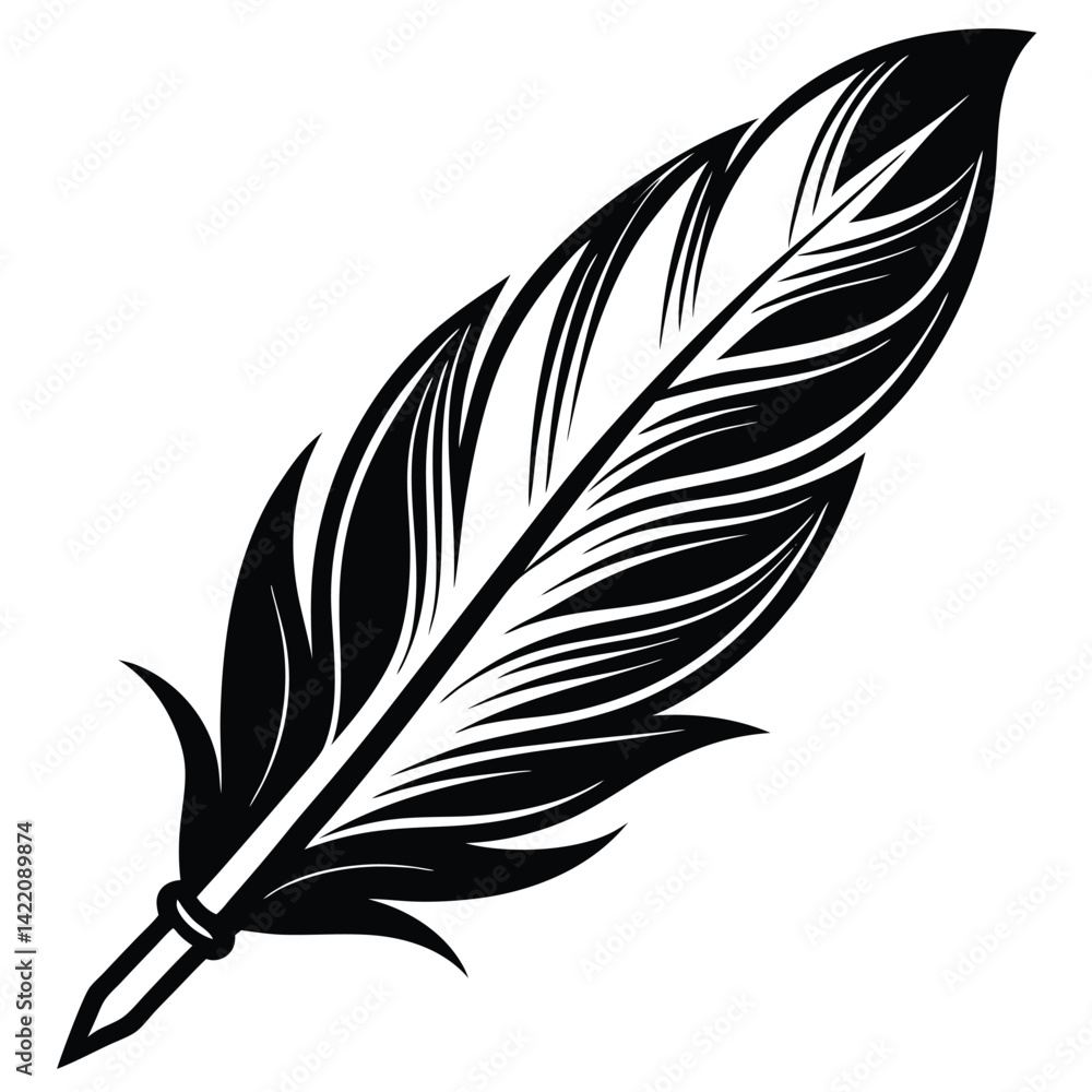 Obraz premium Elegant Black and White Feather Illustrations, Hand-Drawn Feather Designs in Black and White, Stylized Feather Clipart Collection.