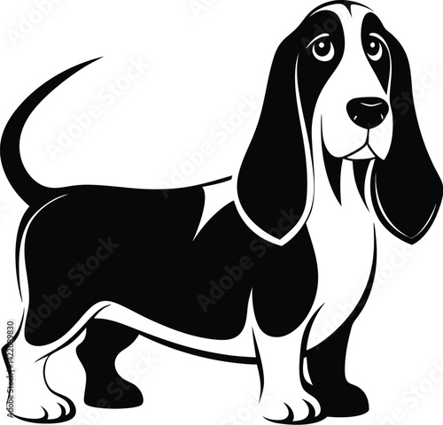 Basset hound silhouette, Vector illustration, Flat style icon of basset hound for different design, Cute family dog, Simple silhouette pictogram for different design 