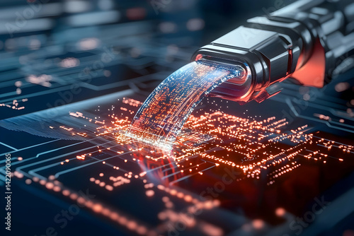 A futuristic depiction of data transfer. Suggests high-speed internet or complex computing using a glowing data cable. Illustrates the flow of information.