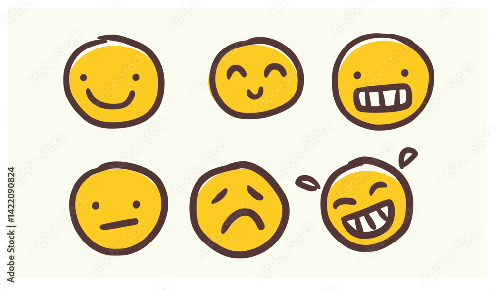 Fototapeta premium Cute hand-drawn emoji set featuring various facial expressions: happy, smiling, laughing, sad, serious, and nervous. Great for stickers and digital products.