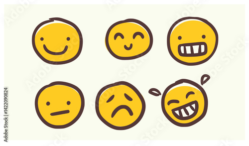 Cute hand-drawn emoji set featuring various facial expressions: happy, smiling, laughing, sad, serious, and nervous. Great for stickers and digital products.