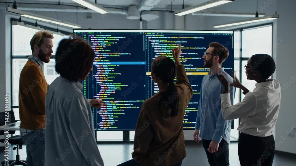 Programmers team discussing and analyzing code displayed on a large screen, collaborating to solve complex problems and optimize software performance in a contemporary office environment