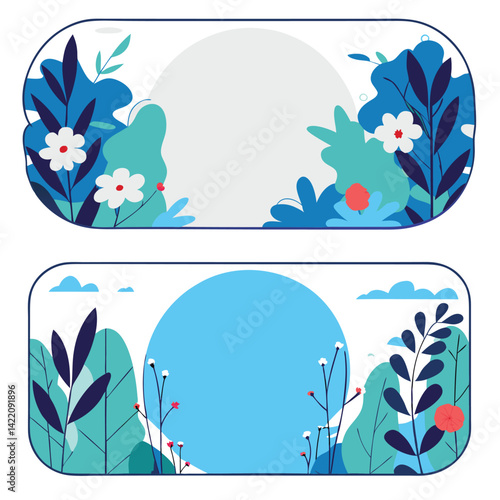 Vector set of four seasons banners with floral patterns depicting nature's beauty across spring blossoms, summer leaves, autumn colours, and winter frost