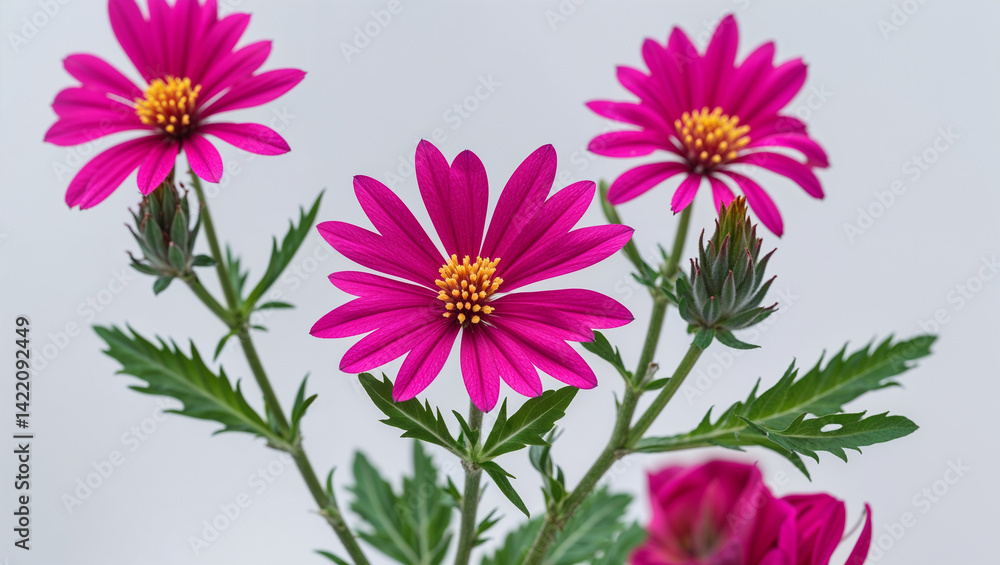 Obraz premium Magenta Marguerite Daisy Flowers With Yellow Centers Against A Soft White Background