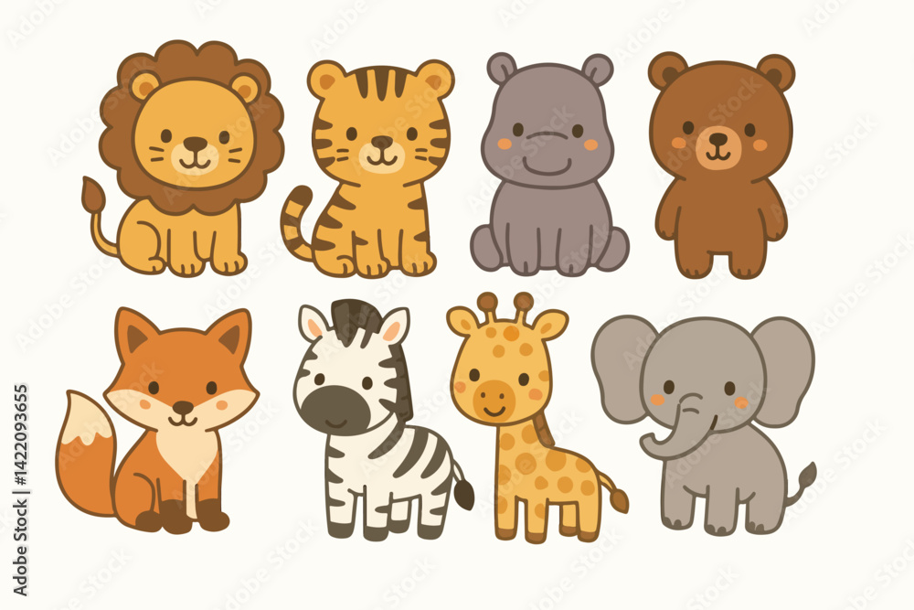 set of cartoon animals including lion, tiger, hippo, bear, fox, zebra, giraffe, and elephant. woodland animal safari jungle animals vector. set of cartoon animals including lion, tiger, hippo, bear, fox, zebra, giraffe, and elephant. woodland animal safari jungle animals vector.