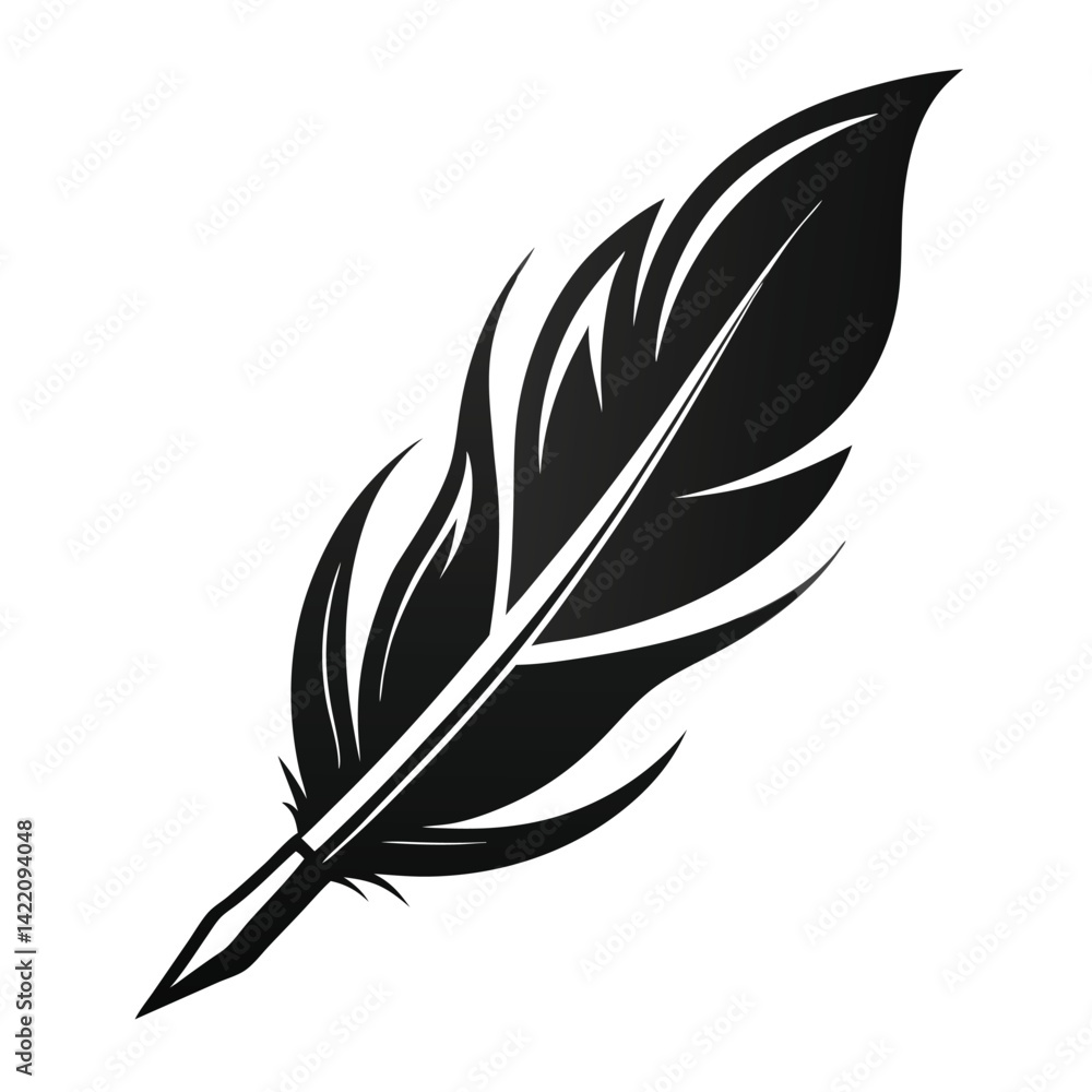 Fototapeta premium Elegant Black and White Feather Illustrations, Hand-Drawn Feather Designs in Black and White, Stylized Feather Clipart Collection.