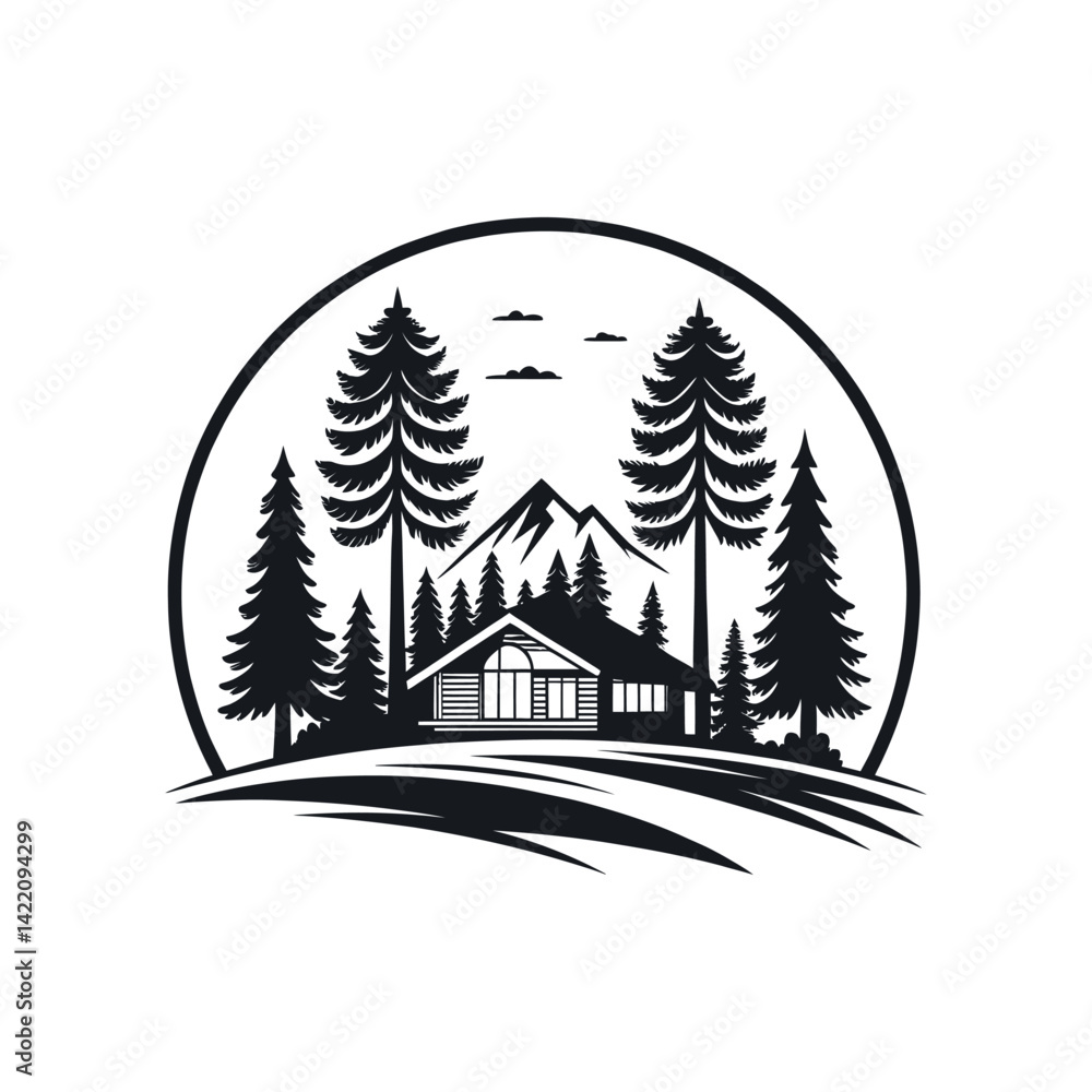 Obraz premium resort wood silhouette logo vector line art logo design