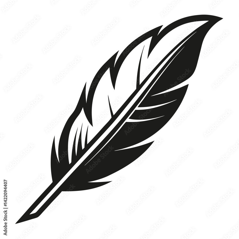 Fototapeta premium Elegant Black and White Feather Illustrations, Hand-Drawn Feather Designs in Black and White, Stylized Feather Clipart Collection.