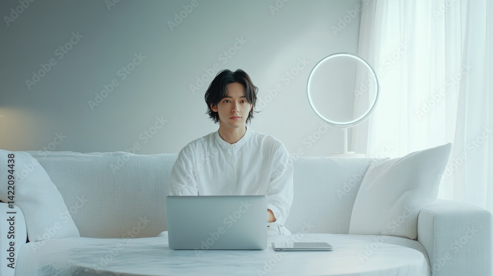 Young man sits on a white sofa using a laptop, minimalist and serene atmosphere. Young man sits on a white sofa using a laptop, minimalist and serene atmosphere.
