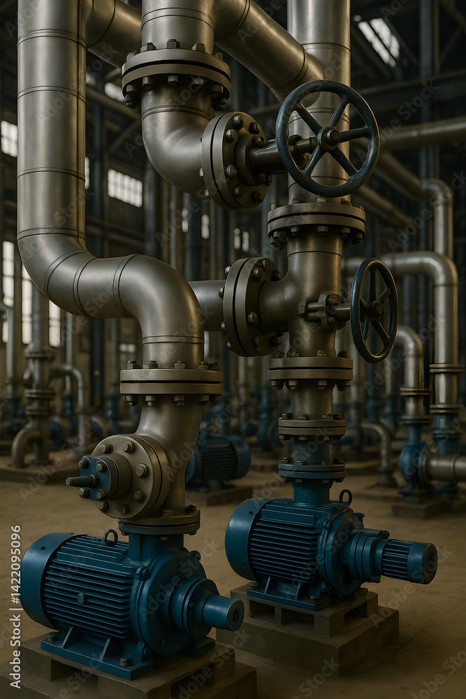 Close-Up View of Steel Pipelines, Valves, and Pumps in a Huge Factory Building, Industrial Equipment, Manufacturing Infrastructure, Industrial System. Close-Up View of Steel Pipelines, Valves, and Pumps in a Huge Factory Building, Industrial Equipment, Manufacturing Infrastructure, Industrial System.