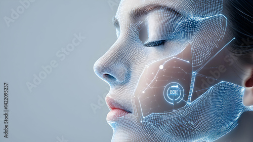 Digital representation of a human face with a grid overlay. Could be used to illustrate facial recognition technology or biometric scanning in futuristic designs.