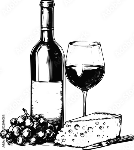 Wine bottle, glass, grapes, and cheese in detailed black and white sketch. Vector illustration