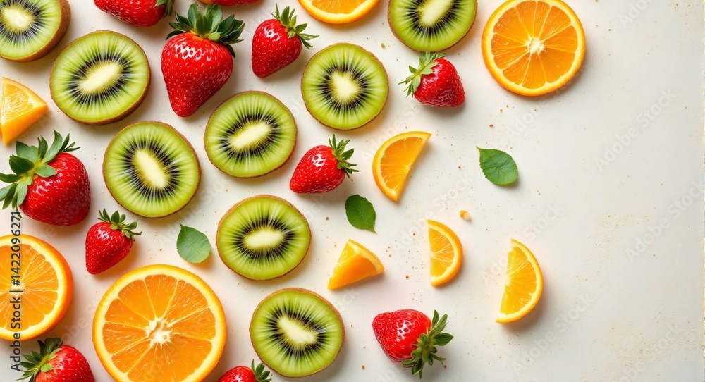 Minimalist flat lay of fresh kiwi, strawberries, and orange wedges on a clean white background, with balanced lighting highlighting vibrant natural colors. Minimalist flat lay of fresh kiwi, strawberries, and orange wedges on a clean white background, with balanced lighting highlighting vibrant natural colors.