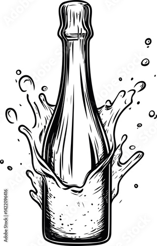 Black and white splash illustration of champagne bottle drawing. Vector illustration