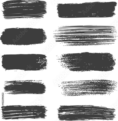 Set of twelve black grunge brush strokes. Vector illustration