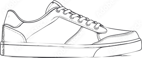Outline drawing of a classic sneaker shoe side profile in black and white. Vector illustration