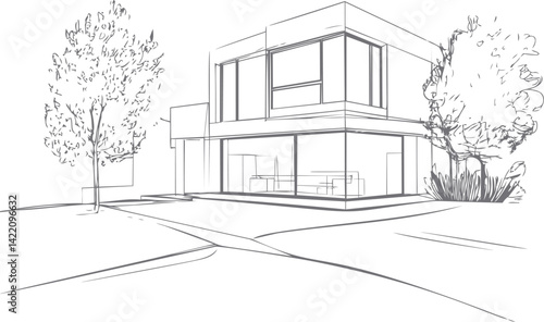 Architectural line art of a modern house with trees in the foreground, minimalistic style. Vector illustration