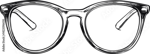 Black and white illustration of vintage eyeglasses with clear lenses. Vector illustration