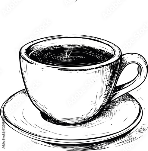 Black and white sketch of a coffee cup and saucer with swirling coffee. Vector illustration