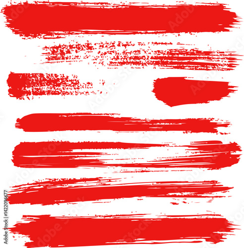 Set of red paint brush strokes, abstract artistic design. Vector illustration