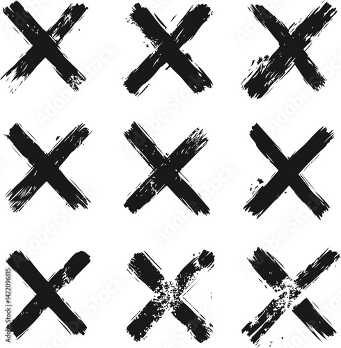 Nine grunge black brushstroke x marks, abstract art design. Vector illustration