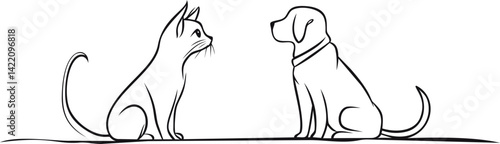 Cat and dog outline sketch facing each other isolated. Vector illustration