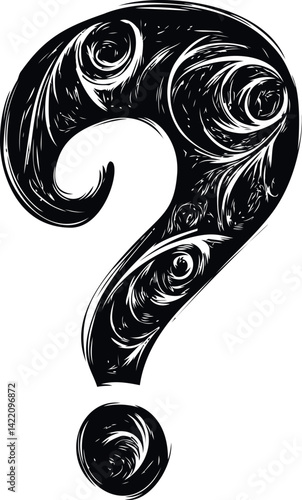 Elegant black and white ornamental question mark with floral patterns. Vector illustration