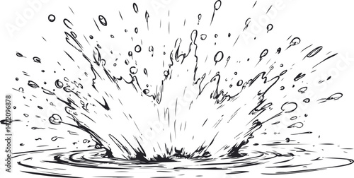 Black and white illustration of a large water splash with droplets flying. Vector illustration