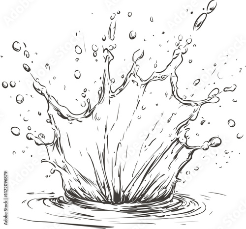 Ink illustration of a water splash with dynamic droplets, artistic concept. Vector illustration