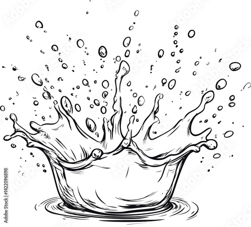 Ink drawing of water splash with droplets in black and white illustration. Vector illustration