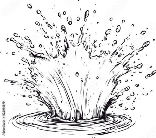 Splashing black and white water illustration creating dynamic movement. Vector illustration