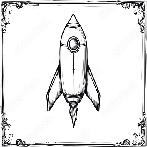 Black and white vintage rocket sketch with ornate border illustration. Vector illustration