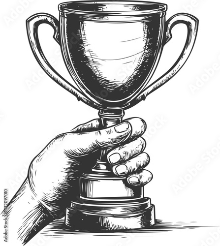 Hand holding a trophy cup in vintage black and white sketch style illustration. Vector illustration