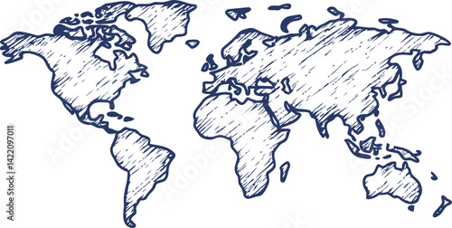 Hand-drawn world map sketch in blue ink with continents and ocean details. Vector illustration